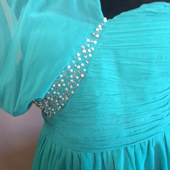 Teal one strap pearl studded high low gown - Picture 3 of 8